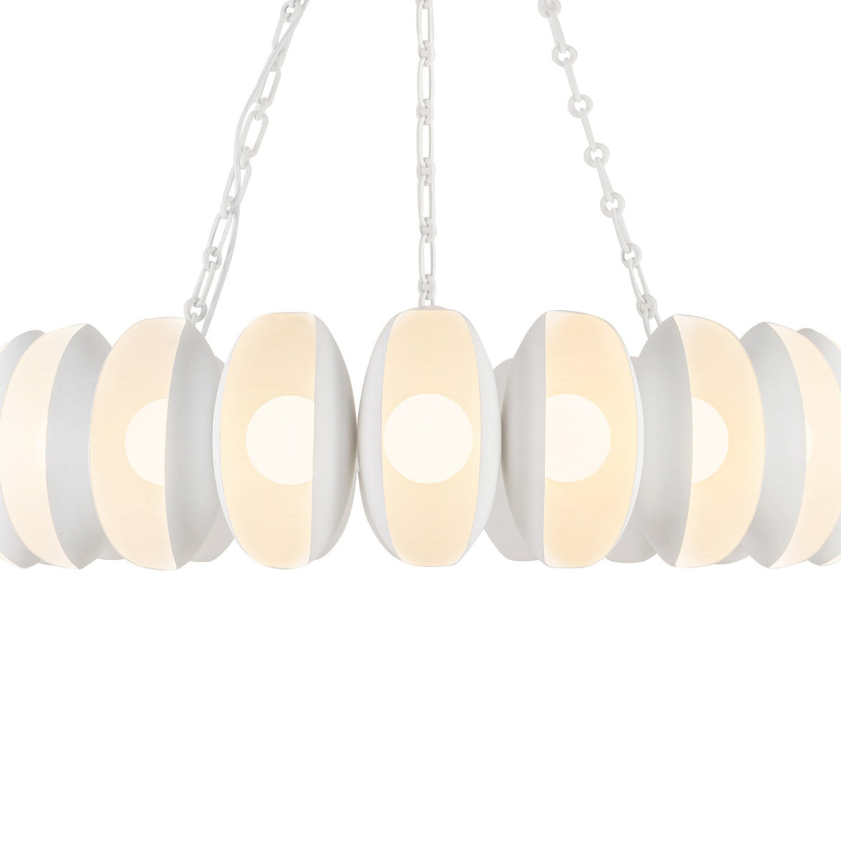 Bolton 20 Light LED Chandelier 37", Antique White, front view cropped to the glowing oval shade band and chains