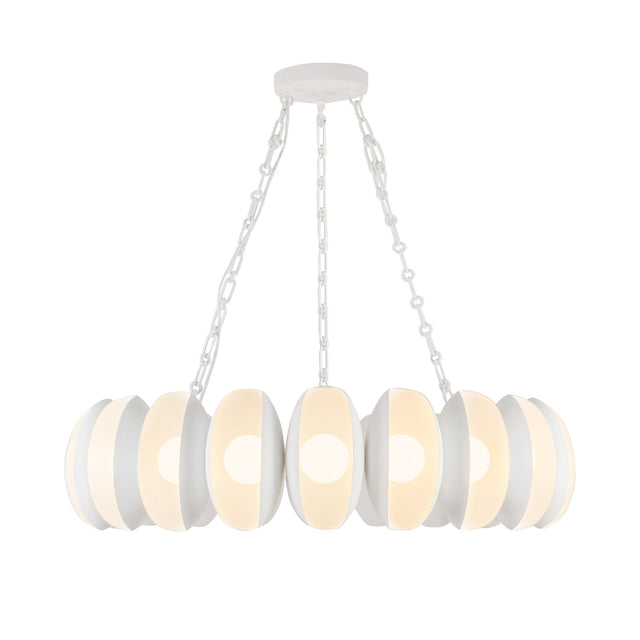 Bolton 20 Light LED Chandelier 37", Antique White, front view showing oval shades on three chains from a round canopy