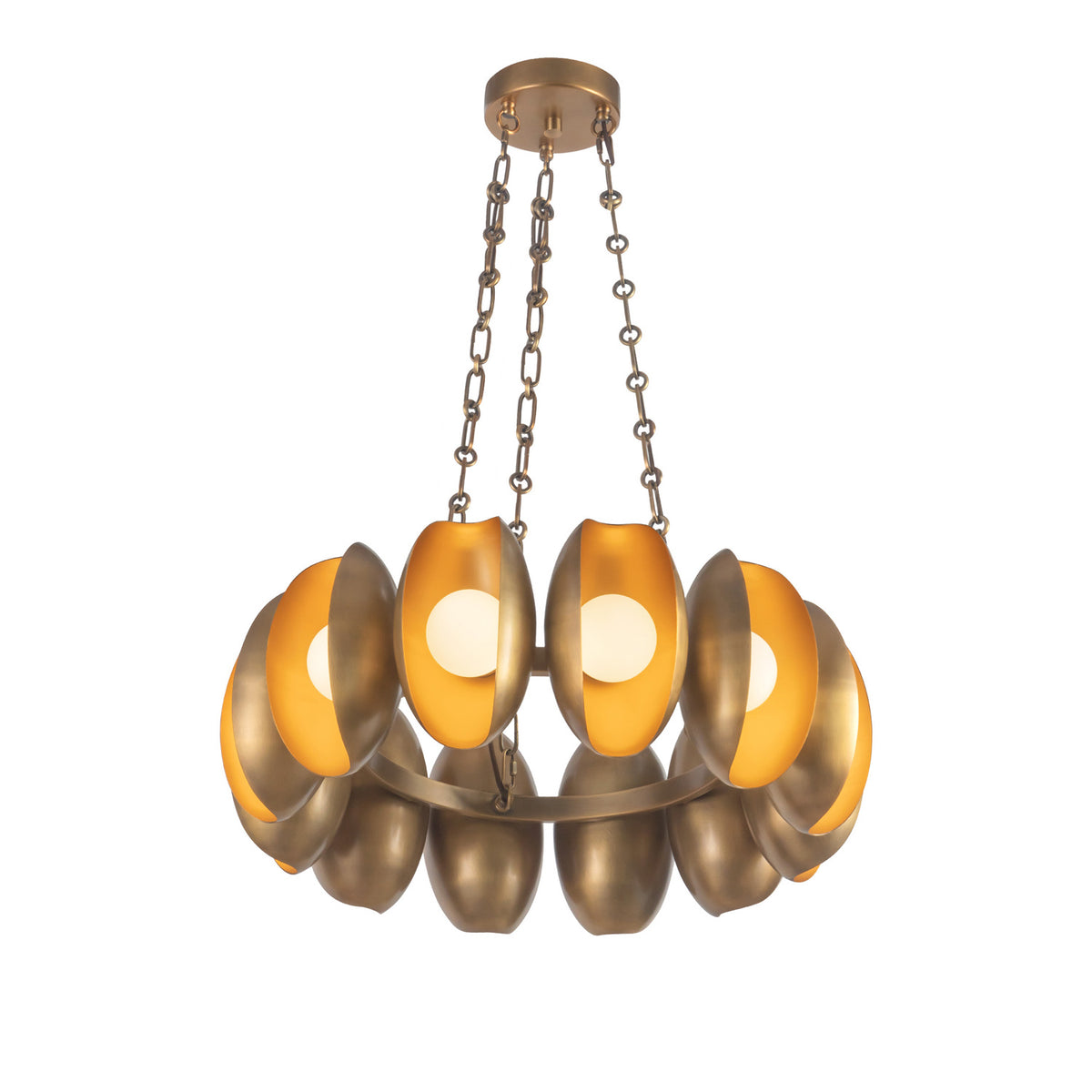 Bolton 12 Light LED Chandelier 25", Vintage Brass, three-quarter view showing two tiers of oval shades on a chain-hung frame