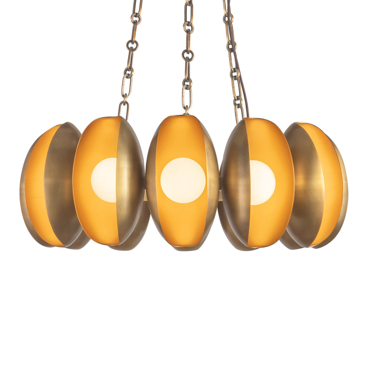 Bolton 12 Light LED Chandelier 25", Vintage Brass, front view of the shade cluster with amber centers and chain links above