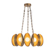 Bolton 12 Light LED Chandelier 25", Vintage Brass, front view of lit oval amber shades on chains from a round canopy