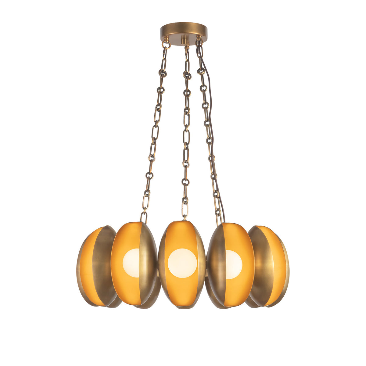 Bolton 12 Light LED Chandelier 25", Vintage Brass, front view of lit oval amber shades on chains from a round canopy