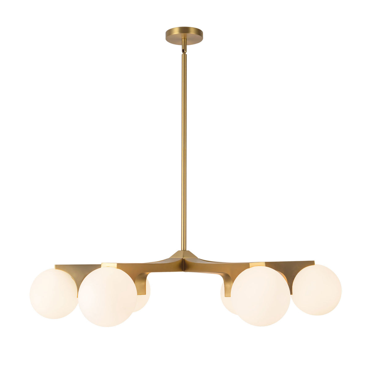 Duncan 6 Globe Chandelier 37", Brushed Brass and Opal Glass