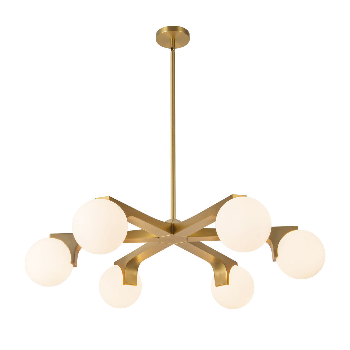 Duncan 6 Globe Chandelier 37", Brushed Brass and Opal Glass