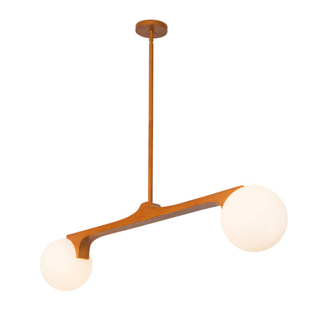 Duncan 2 Globe Linear Pendant 47", Teak and Opal Glass