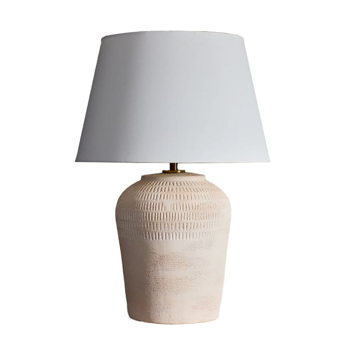 Denver Table Lamp 26", Whitewashed Textured Terracotta, front view of the tapered shade and mottled lower body