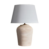 Denver Table Lamp 26", Whitewashed Textured Terracotta, front view of the tapered shade and mottled lower body