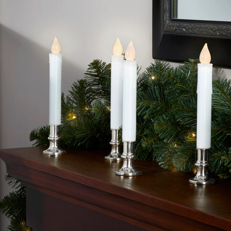 White 7" Flameless Resin Taper Window Candles with Silver Bases, Set of 4