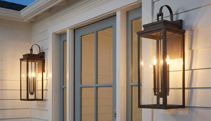 Two Trevor Outdoor Wall Lights, Extra Large 31", in Bronze, at dusk next to a French Blue front door with sidelights.