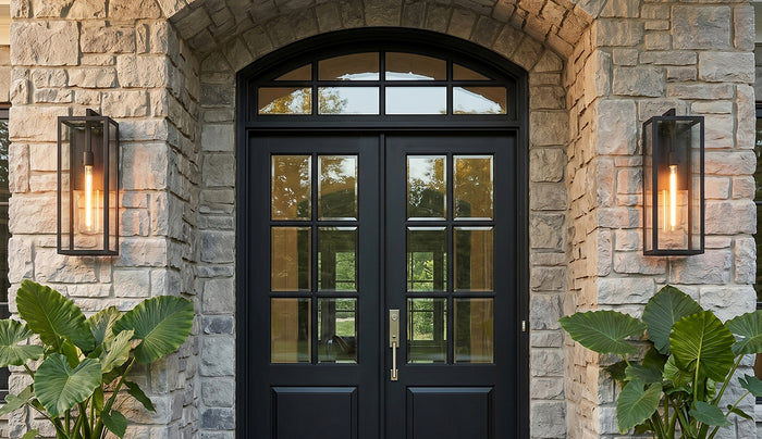 Two Sam Large 24" Outdoor Wall Lights on a stone-clad front exterior with a large archway, double black front door with glass panels, and monstera plants.