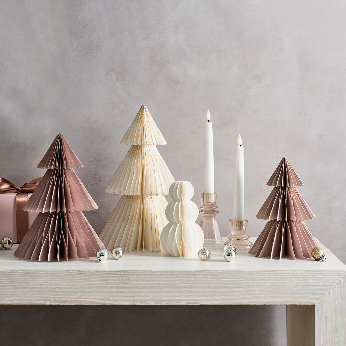 Pleated Paper Christmas Trees, Small Set of 2, Dusty Rose