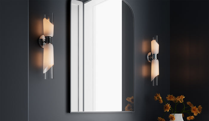 Dark modern bathroom for fall with two Brooke Wall Sconces with polished nickel and art glass.